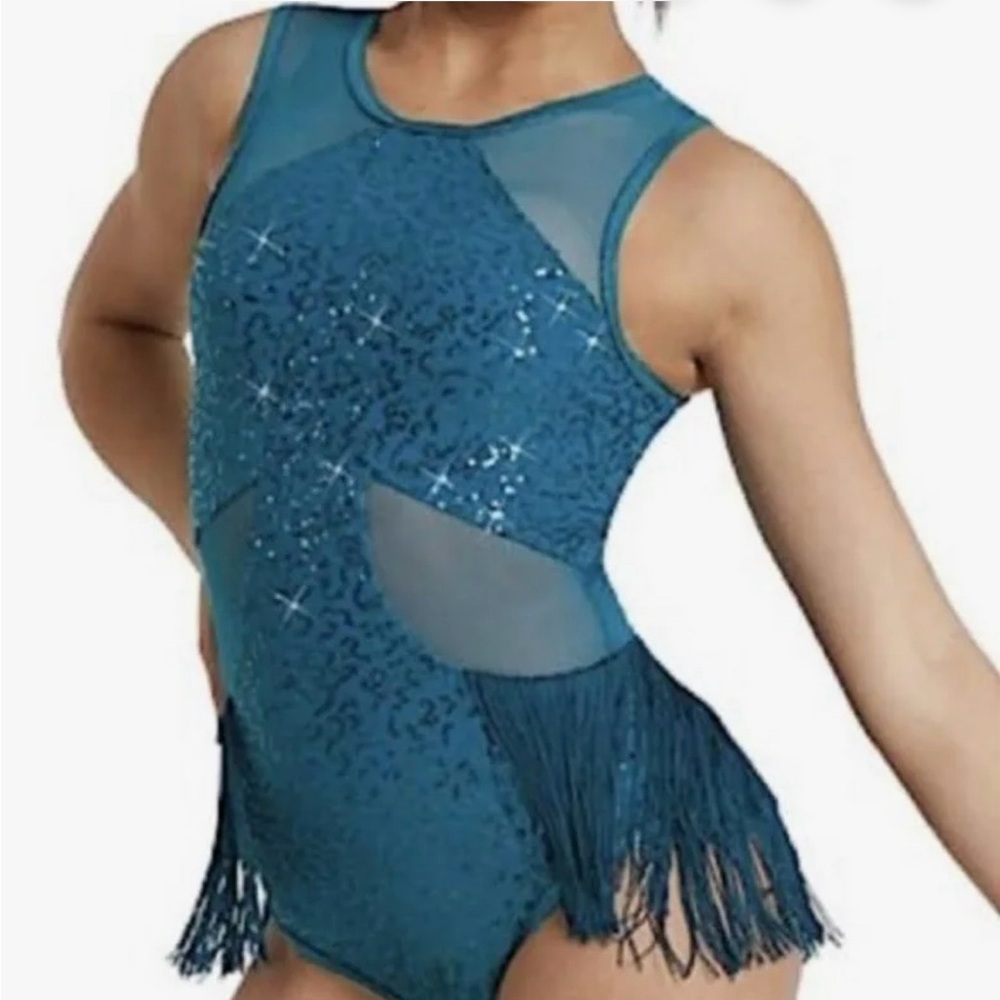 Teal Sequin Fringe Dance Costume - Brand